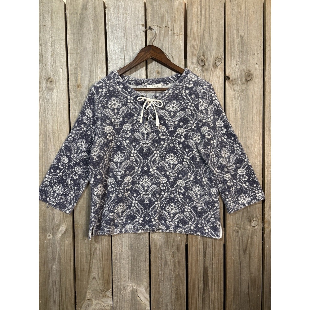 Orvis Blue & Cream‎ Floral Knit Lace-Up Pullover • M